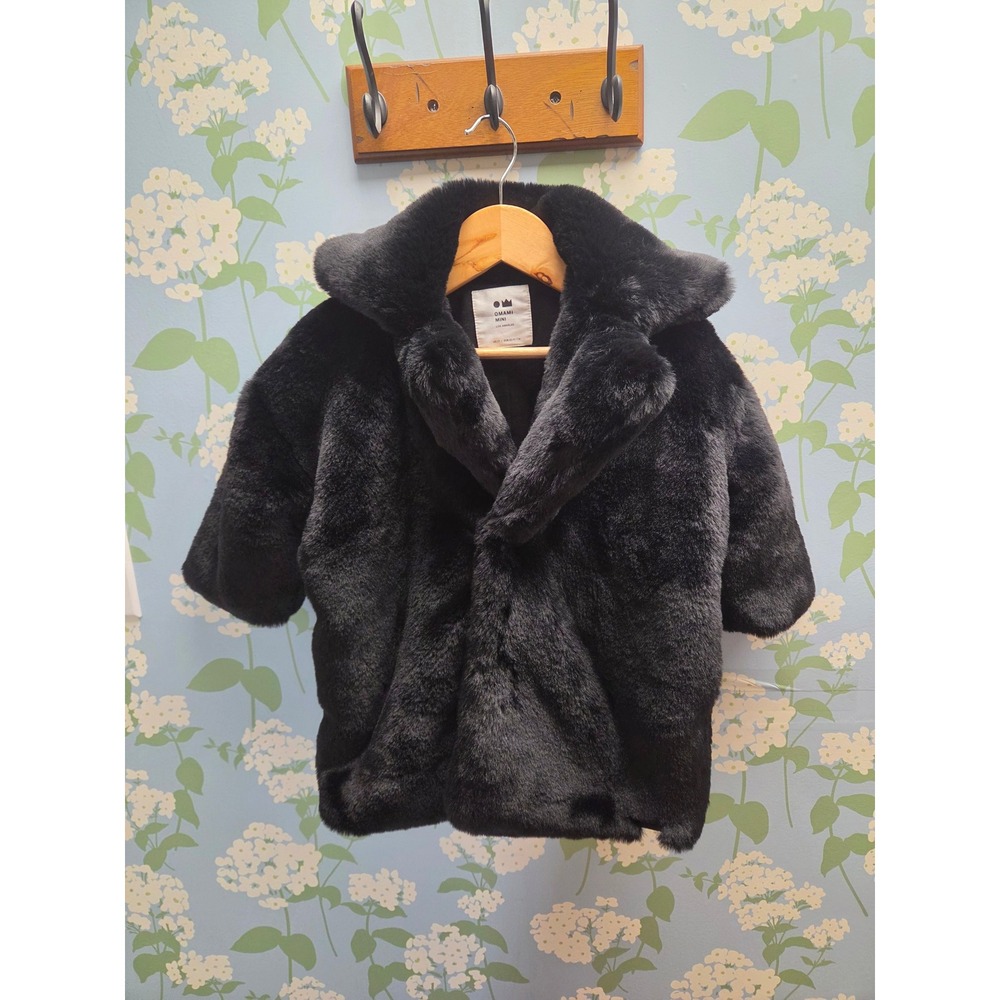 Omami Mini Black Faux Fur Coat Toddler Size 2T Shawl Collar Jacket